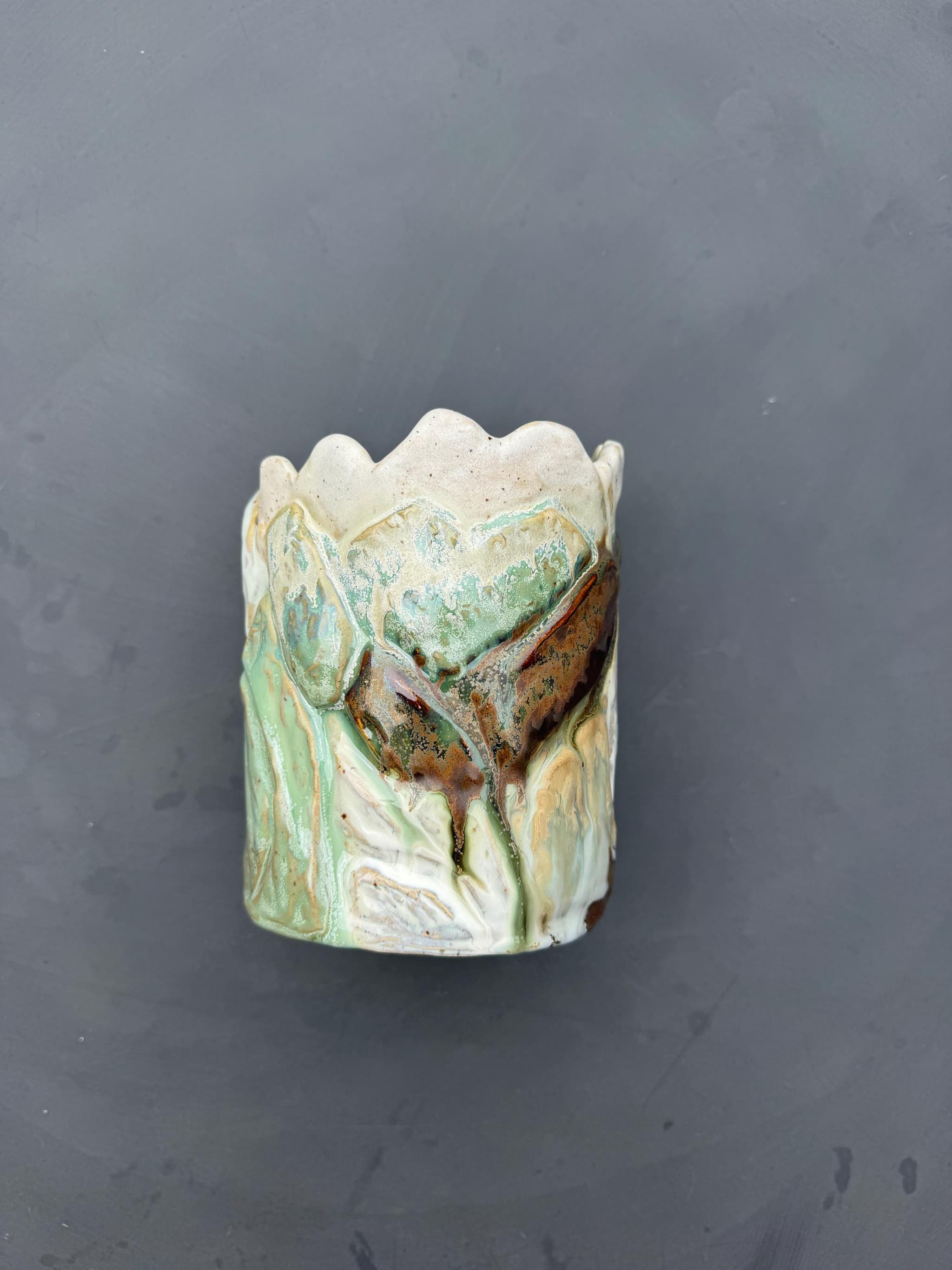 Moss Agate Sculpted Vase, Waterfall Landscape Ceramic, Handmade Pottery — foto 8