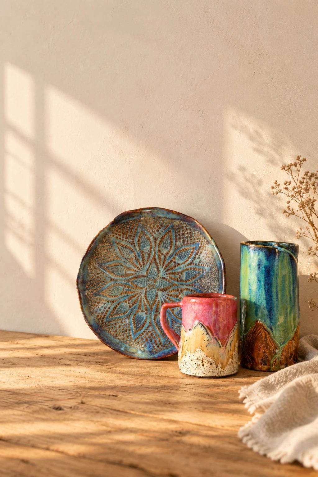 Lace bowl, mug and vase by Jolanda on a wooden workbench in afternoon light