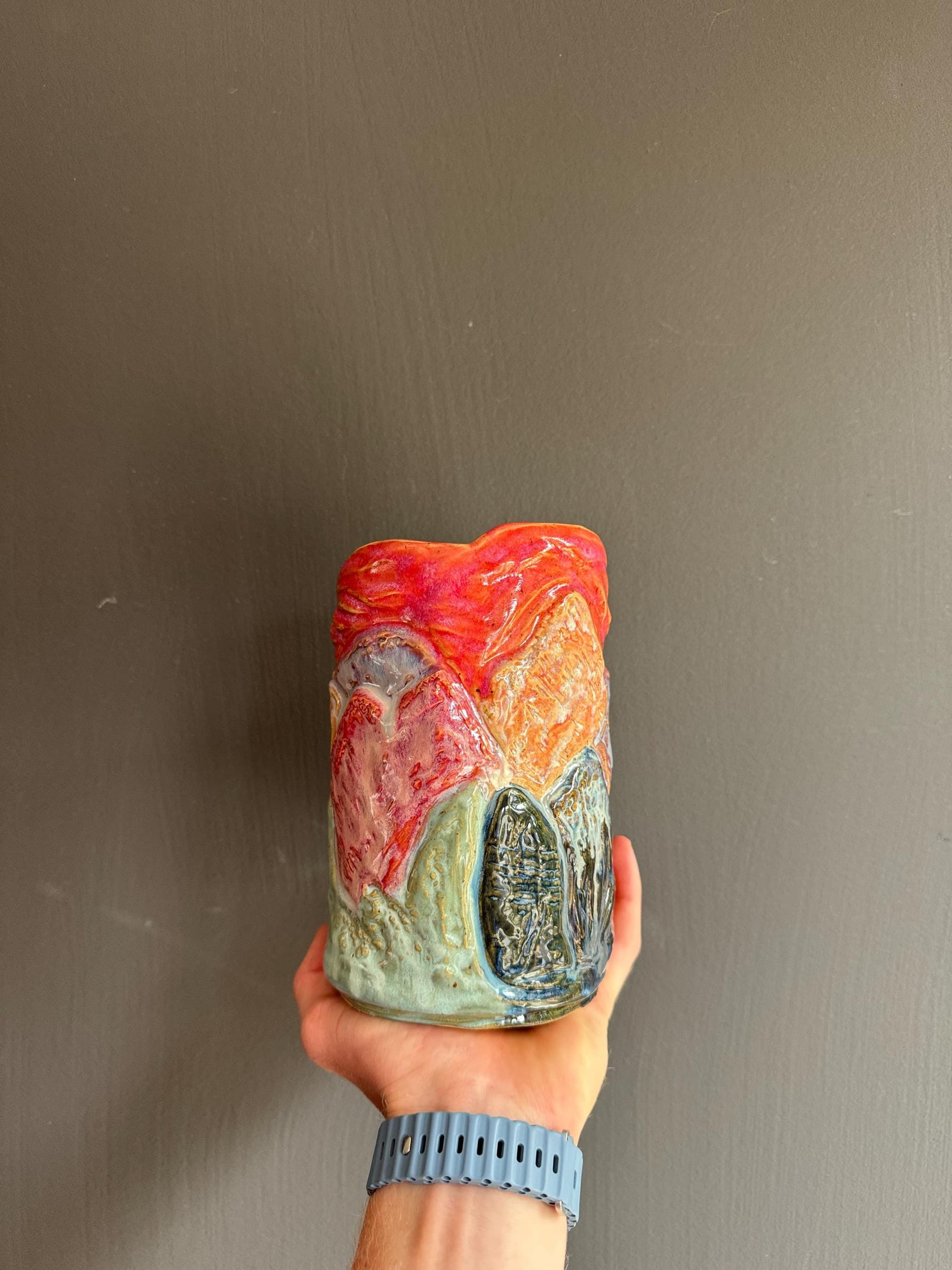 Sunset Mountain Sculpted Vase, Cave Archway Landscape, Handmade Pottery