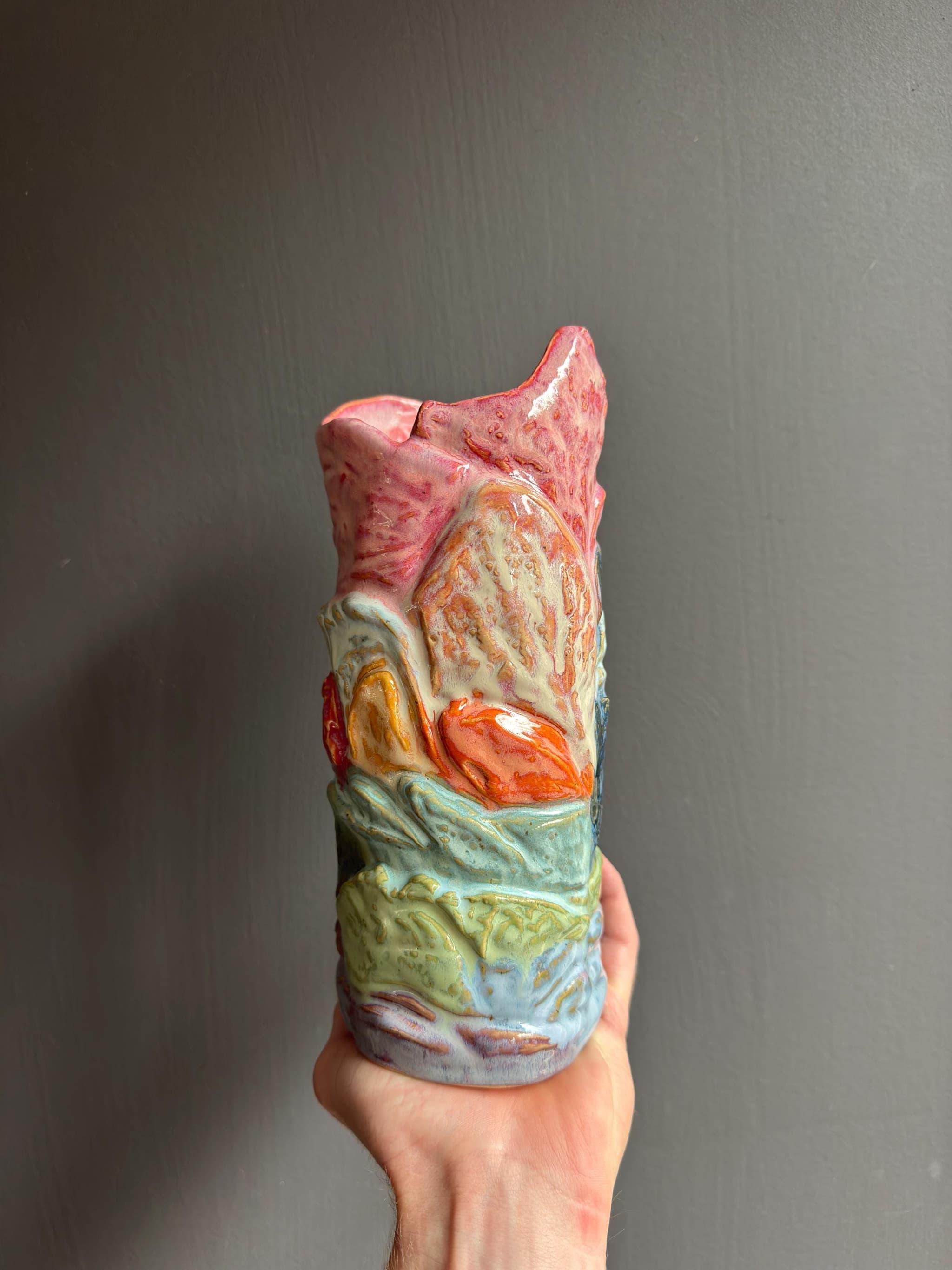 Large Sculpted Mountain Vase, Handmade Sunset Landscape Ceramic, 24cm Statement Flower Vase, Housewarming Gift