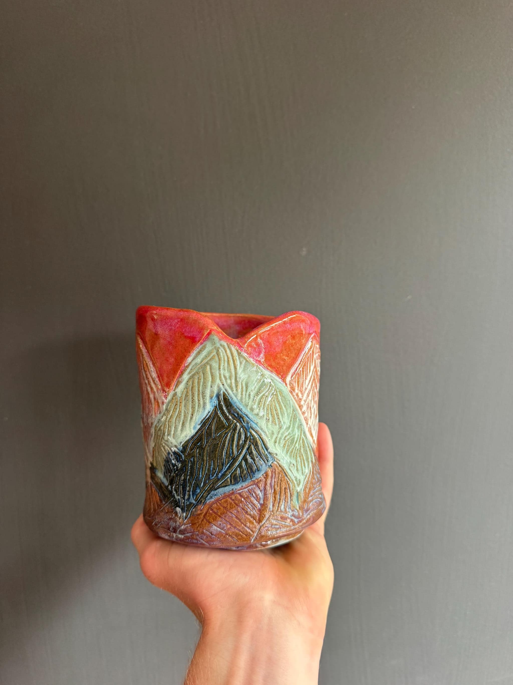 Bohemian Sunset Sculpted Vase, Fern Landscape Ceramic, Handmade Pottery