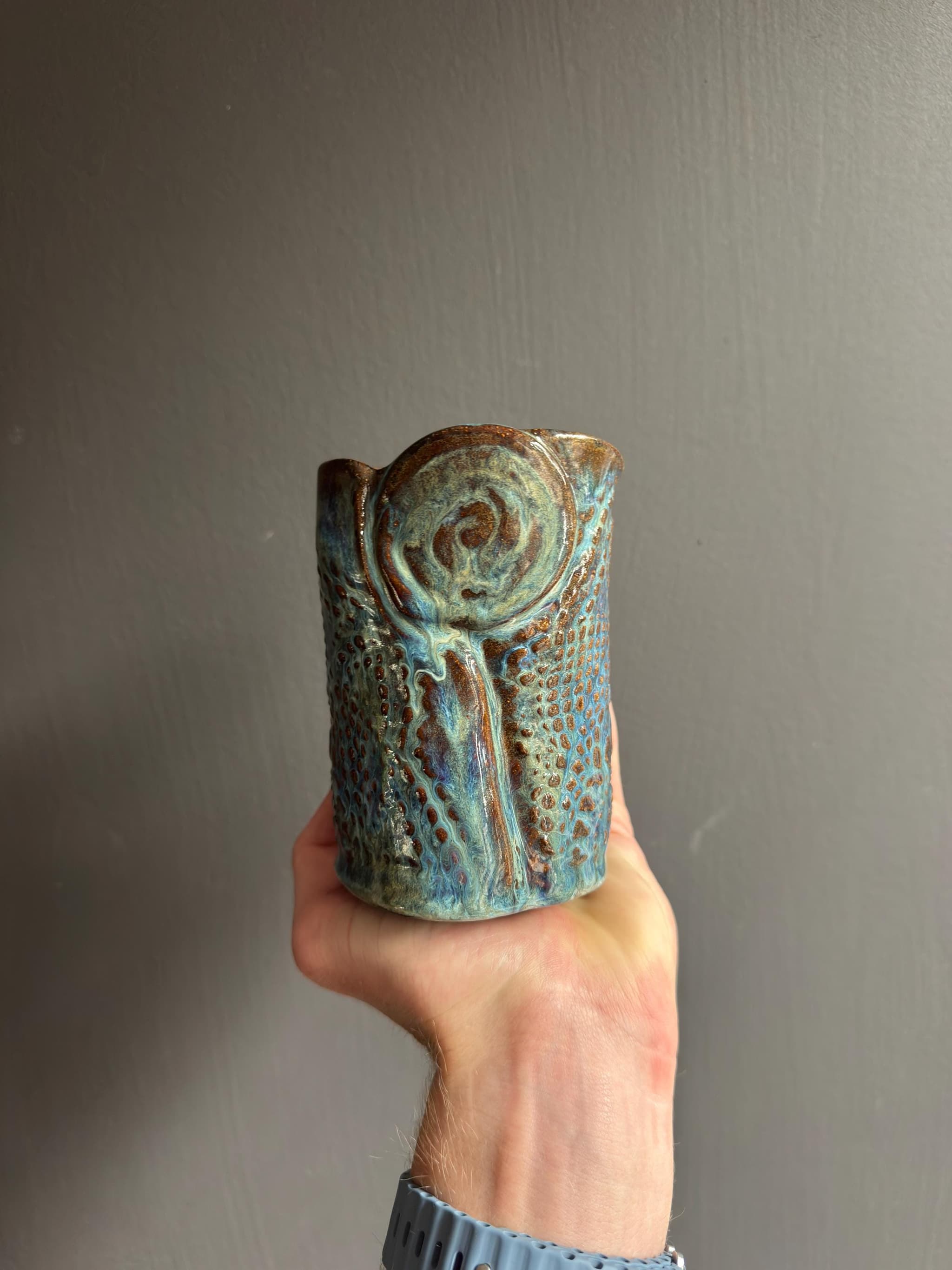 Small Ceramic Bud Vase, Handmade Blue Lava Glaze Pottery, Textured Wabi Sabi Tumbler