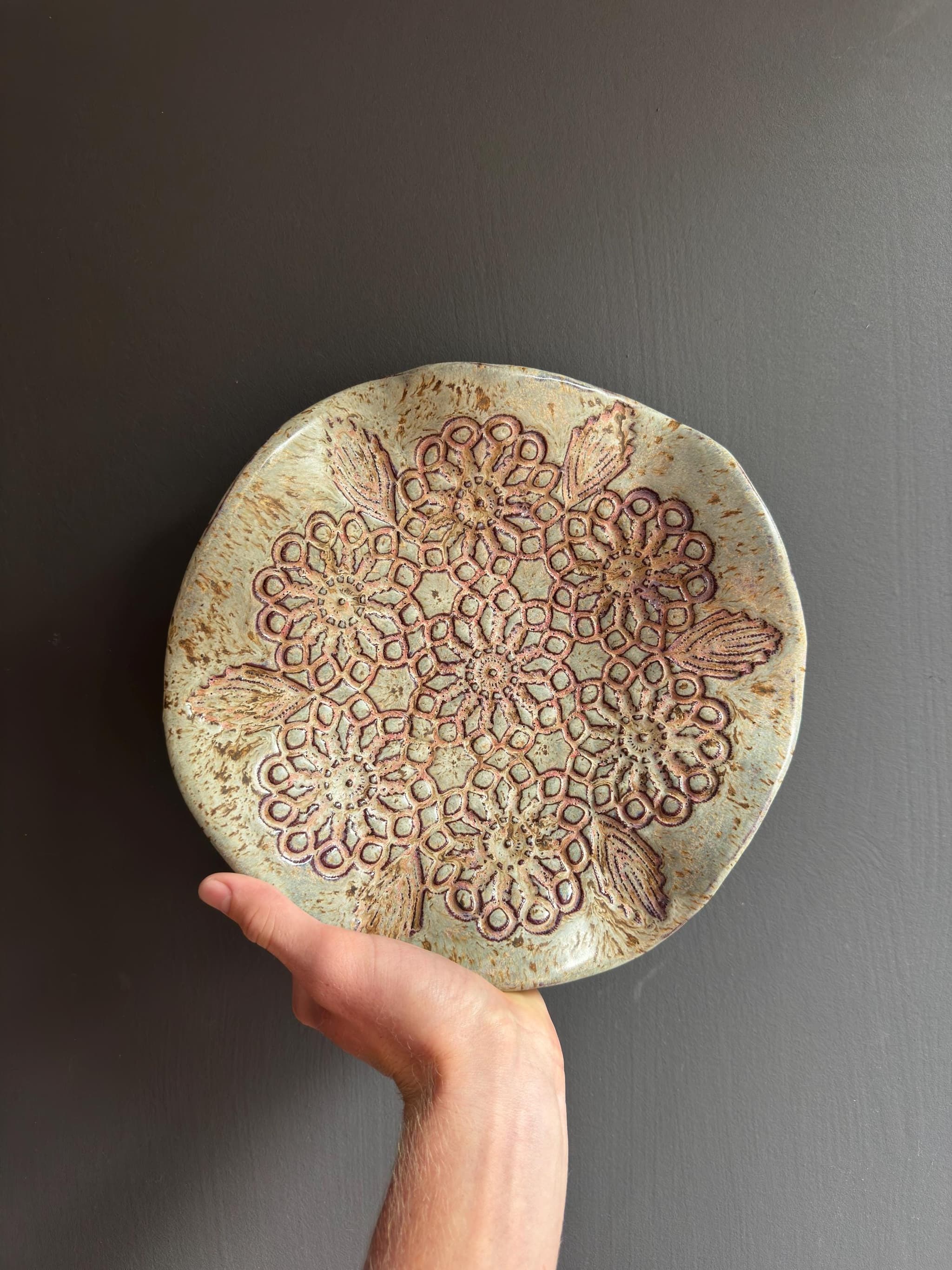 Vintage Doily Fruit Bowl, Rustic Lace Ceramic, Handmade Dutch Pottery