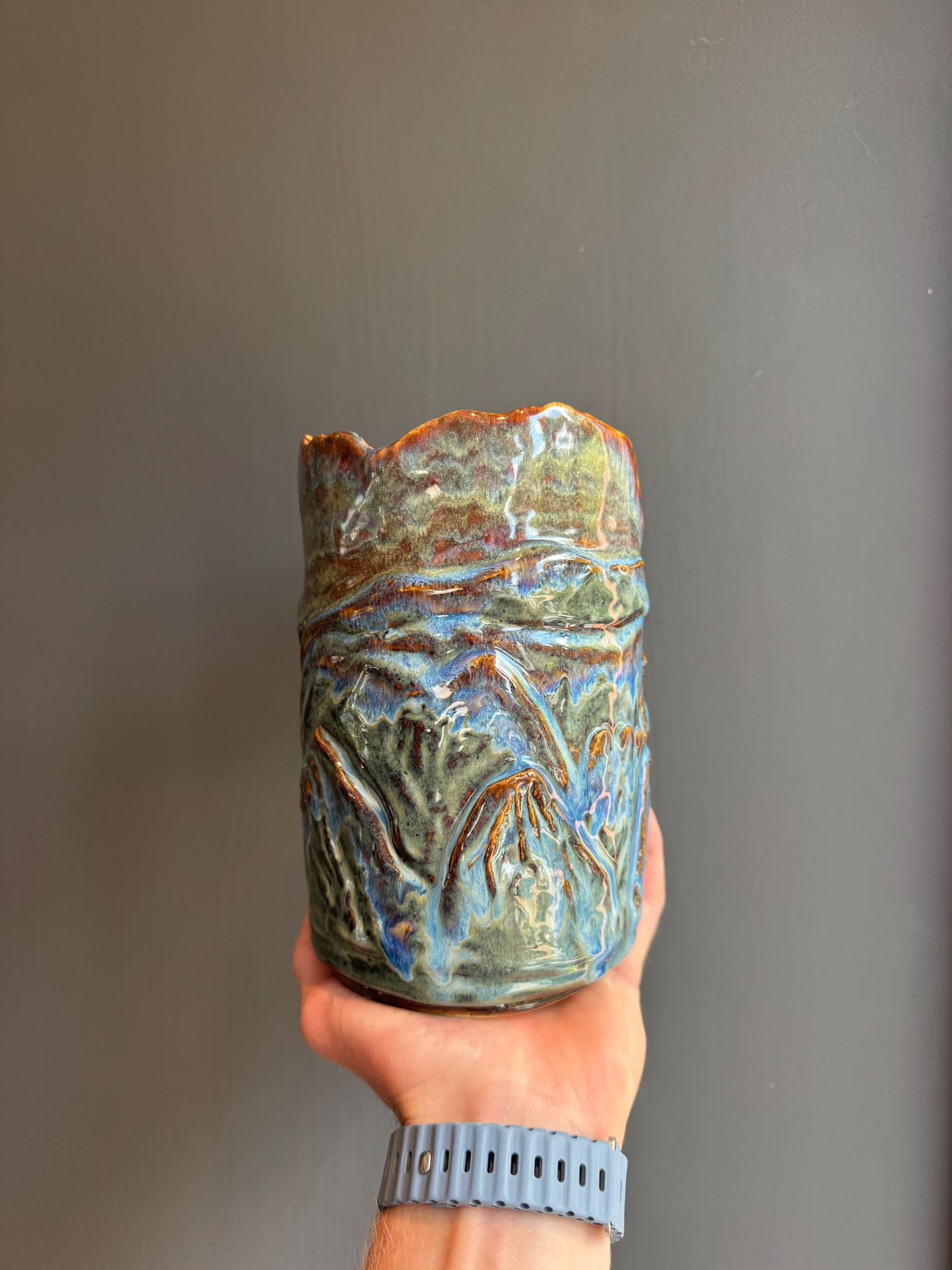 Sculpted Ceramic Vase, Handmade Blue Glaze Canyon Landscape Pottery, 19cm Scalloped Rim Flower Vase