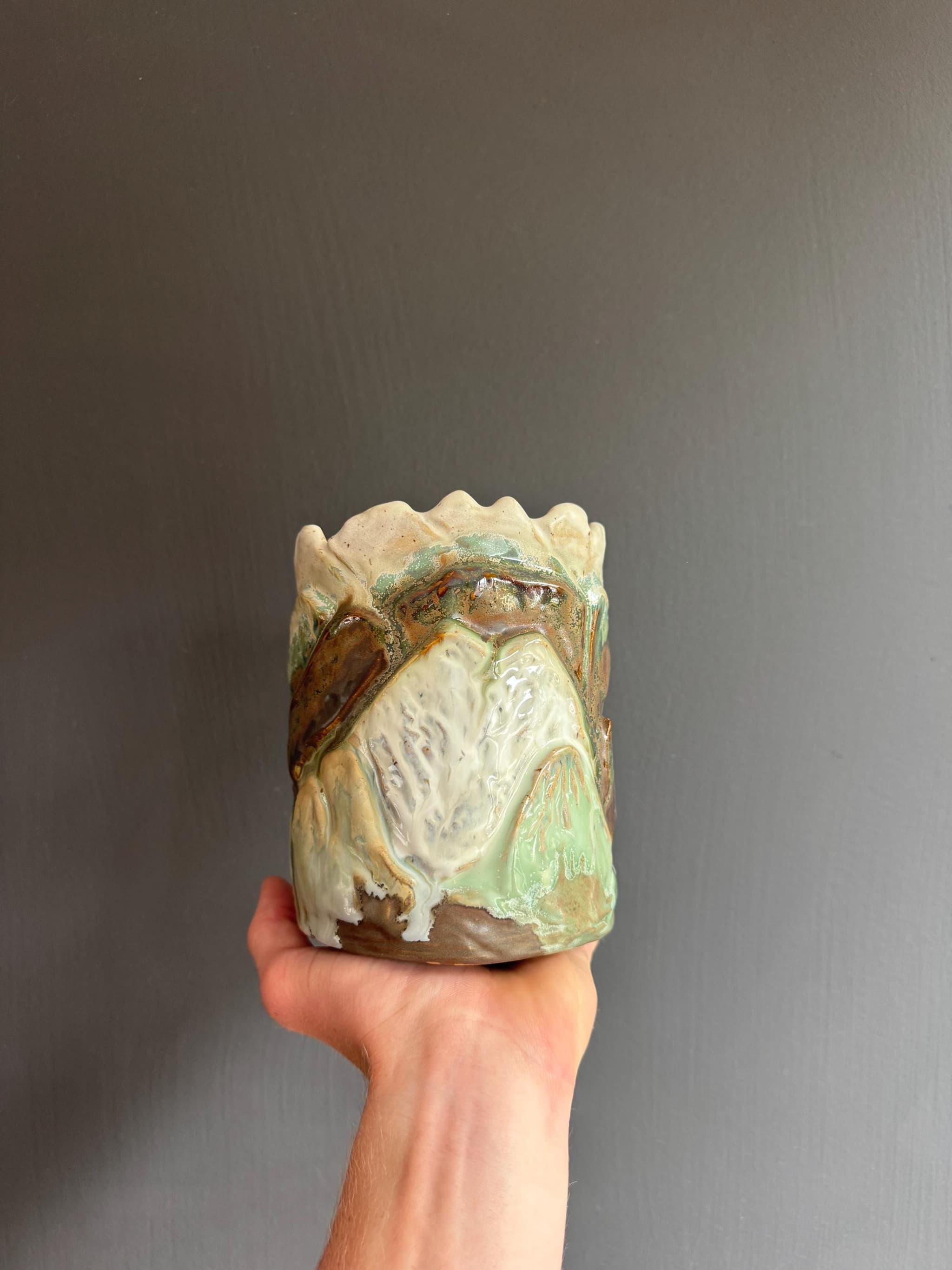 Moss Agate Sculpted Vase, Waterfall Landscape Ceramic, Handmade Pottery