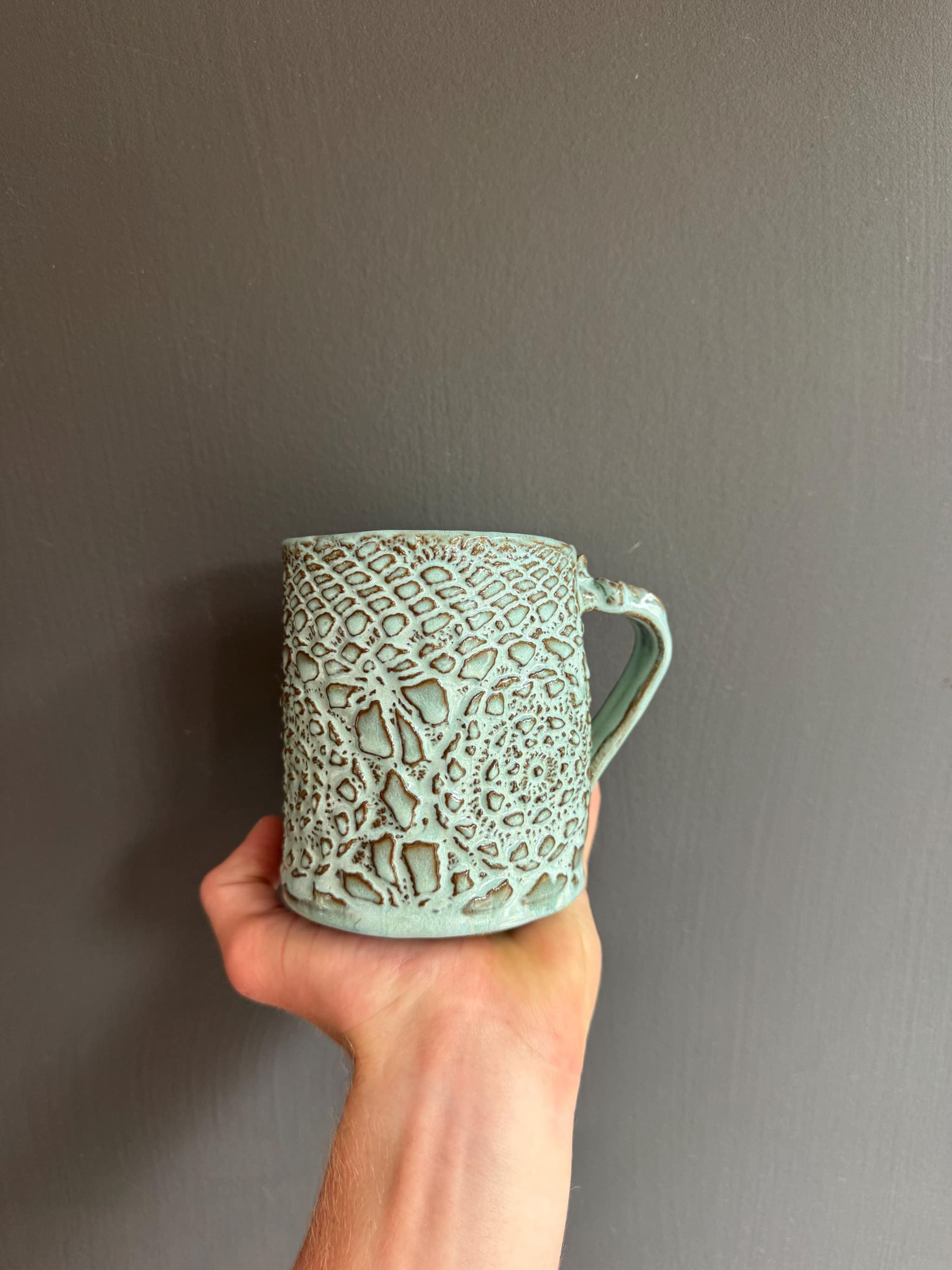 Mandala Lace Coffee Mug, Turquoise Doily Ceramic, Handmade Dutch Pottery