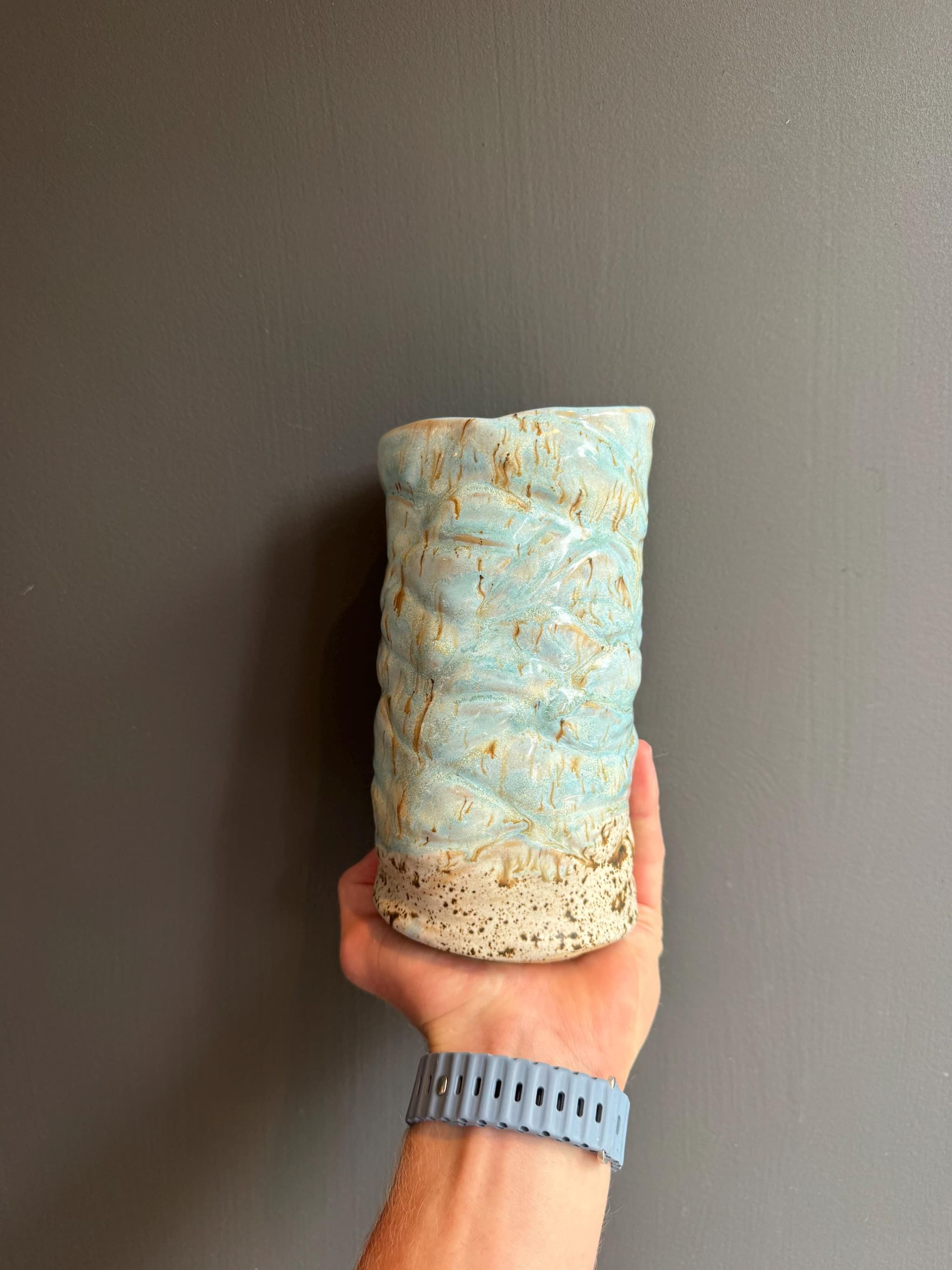 Tall Ceramic Cylinder Vase, Handmade Powder Blue Speckled Stoneware, 21cm Textured Minimalist Flower Vase