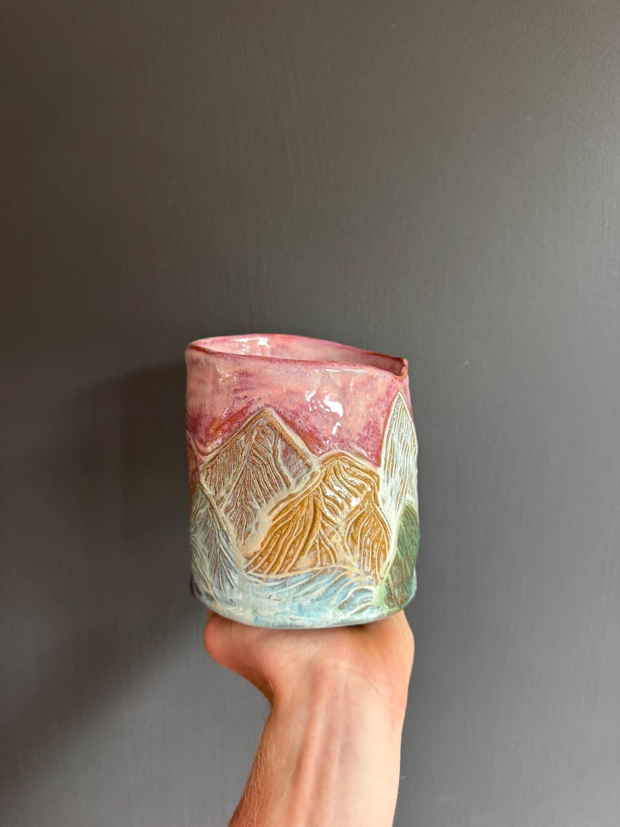 Mountain Lake Sunset Vase, Sculpted Alpine Ceramic, Handmade Pottery