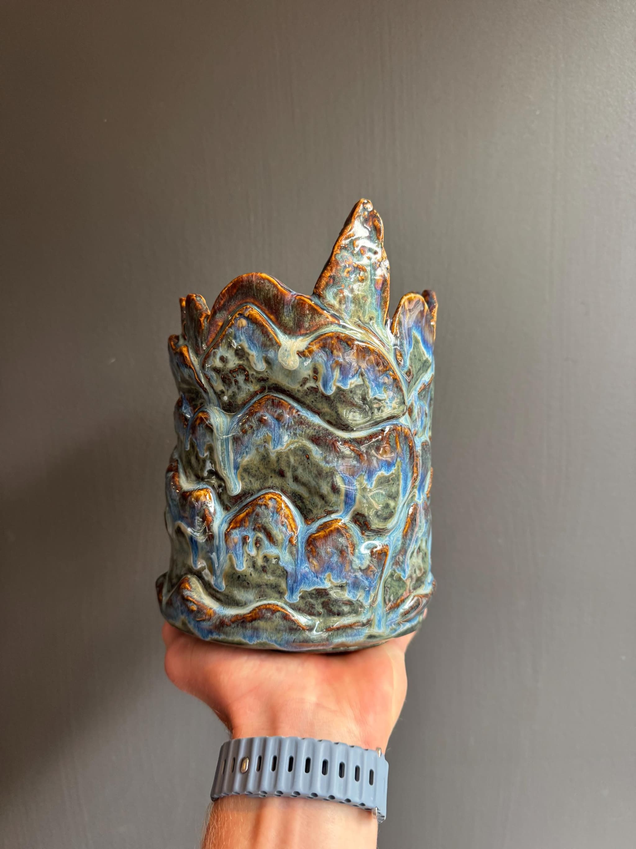 Large Sculpted Ceramic Vase, Handmade Blue Waterfall Drip Glaze Pottery, 21cm Mountain Statement Vessel