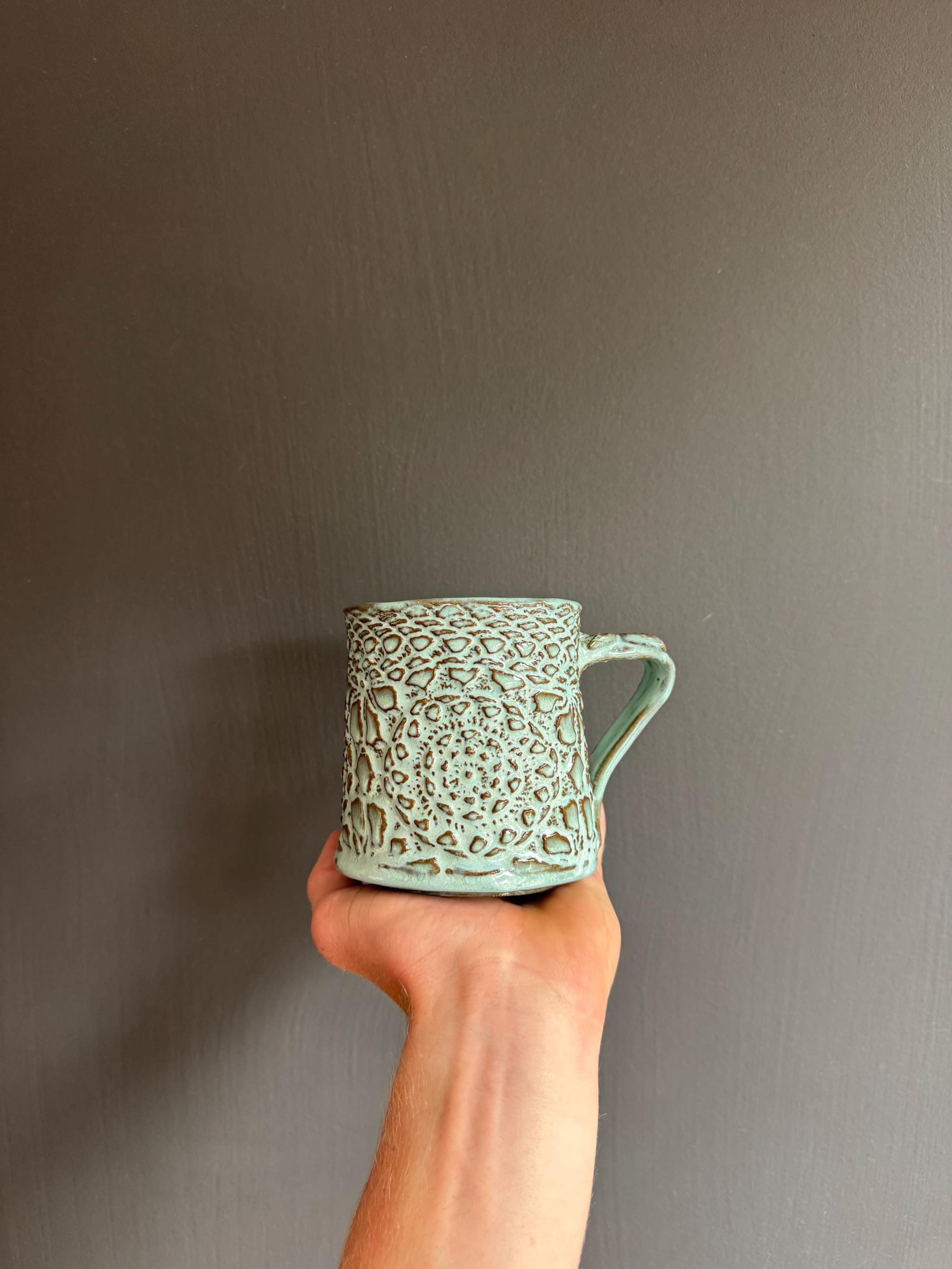 Vintage Lace Coffee Mug, Turquoise Doily Ceramic, Handmade Dutch Pottery